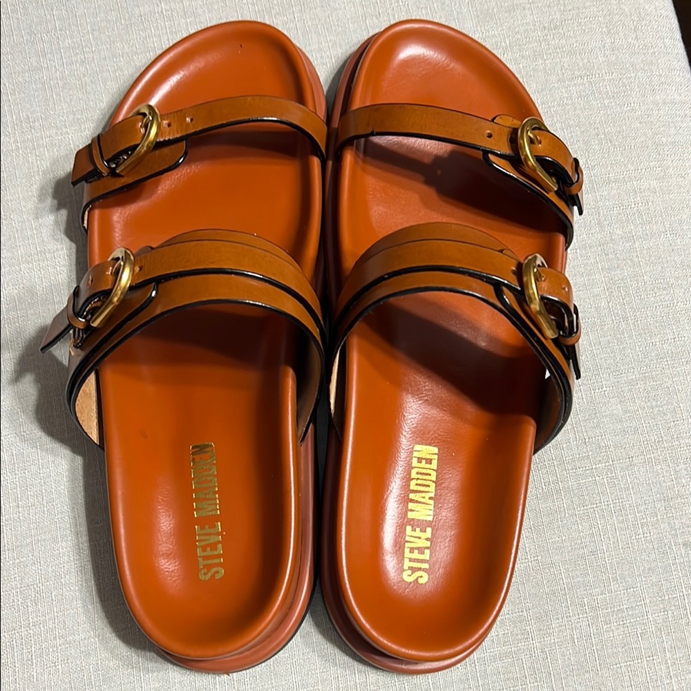 Steve Madden Tan Brown Dual Strap Slide Sandals with Gold Buckles